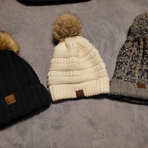 Bundle Of 3 C.C. Faux Fur Pom Beanie Cream Black Gray EUC Warm Winter  Unisex